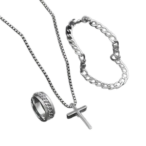 Stainless steel 3-piece jewelry set with cross necklace, Cuban bracelet, and textured ring