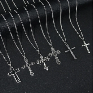 Set of 6 silver cross pendant necklaces with Gothic and rhinestone designs for men