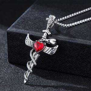 Gothic Sword Cross Necklace Stainless Steel Red Heart Zirconia Wings Snake Pendant Hip Hop Punk Men Women Jewelry