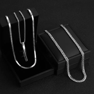 Collier Multi-Rangs Acier Inoxydable Mailles Cubaine et Serpent Pendentif Géométrique Bijoux Cool Hommes Femmes Argent