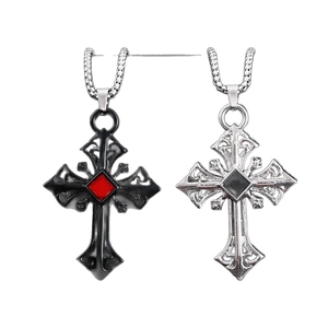 Gothic cross pendant necklaces in black and silver finishes with colorful center gemstones