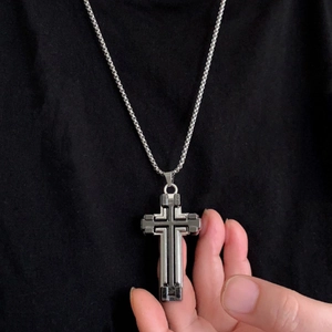 Men's stainless steel layered cross pendant necklace with black enamel center inlay