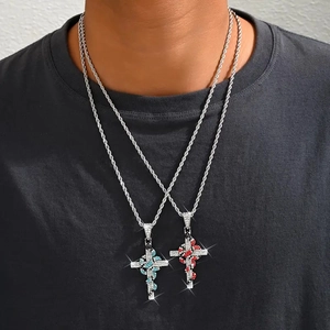 Hip Hop Edelstahl Schlange Kreuz Anhänger Halskette Für Herren Vintage Strass Religiöser Schmuck Kordelkette Zubehör