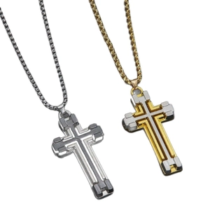 Mens layered stainless steel cross pendant necklace in silver and gold-silver tones