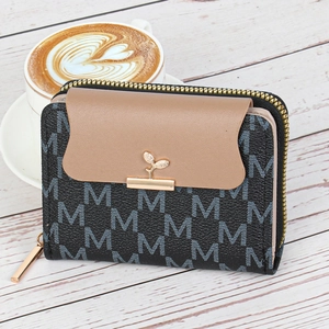 Portefeuille Court en Cuir PU Mode pour Femmes Imprimé Lettre M Couleur Contraste Porte-cartes Porte-monnaie à Fermeture Éclair