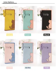 Detailed grid view of cute long cat purses with polka dots and cat pendants in six colors