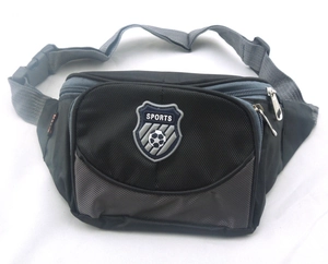 Men's multi-pocket sports waist bag in black and dark grey nylon with adjustable buckle