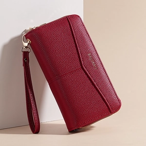 Dark red lychee pattern long wallet with double zipper and detachable wristlet strap