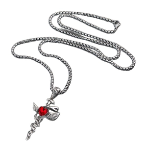Vintage gothic sword and snake pendant necklace with heart-shaped red gemstone