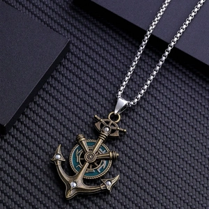 Collier avec pendentif ancre et gouvernail en bronze vintage avec émail bleu marine