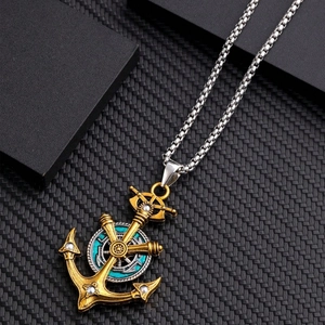Collier avec pendentif ancre nautique rétro en émail turquoise et chaîne box argentée