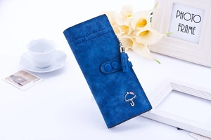 Détail du portefeuille long en cuir bleu foncé avec breloque parapluie et pompon