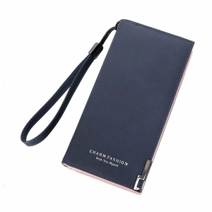 Frosted deep blue long clutch wallet for women with wrist strap and silver trim detail