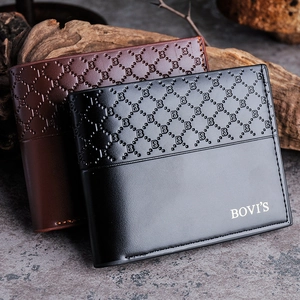 Short horizontal men's wallet with embossed texture and gold logo on vintage stone