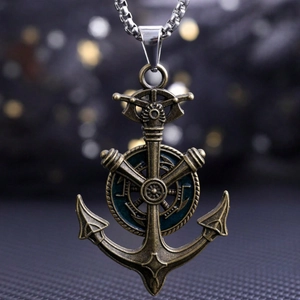 Collier avec pendentif ancre et gouvernail rotatif au style vintage bronze vieilli