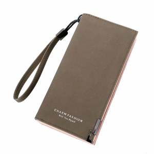 Women's frosted long zipper wallet in taupe gray with hand strap and metal detail