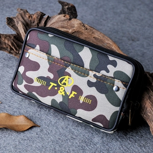 Durable camouflage canvas belt pouch with double zippers and T&F logo for outdoor use