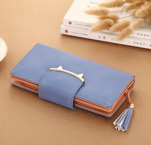 Blue matte leather long wallet for women with golden cat clasp and tassel pendant