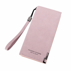 Pink matte long wallet with wrist strap and metal corner detail for women