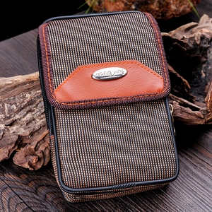 Men's Oxford cloth phone waist bag with brown leather trim and metal logo plate