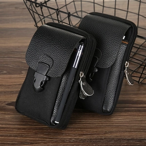 Detail of dual-zipper PU leather waist bag featuring lychee texture and side pen holder