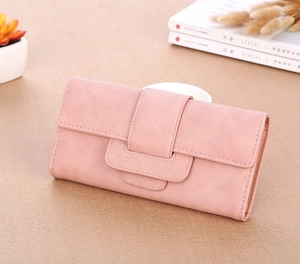 Pink minimalist long wallet for women with matte litchi texture and buckle closure