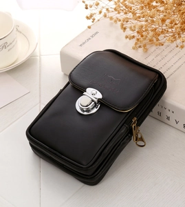 Minimalist black PU leather dual-layer phone waist bag with metal buckle and zippers