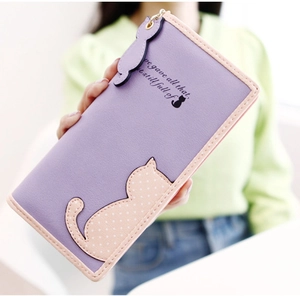 Japanese Style Cute Cat Women Wallet PU Leather Polka Dot Long Short Contrast Color Zipper Coin Purse For Student Women