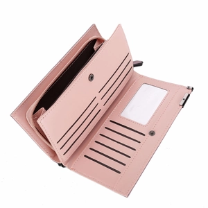 Detail view of pink long wallet with multiple card slots and internal zipper compartment