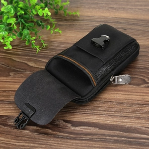 Close-up of black PU leather belt pouch with dual zippers and orange stitching detail