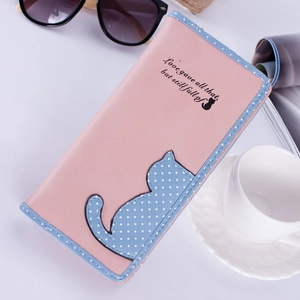 Women's long wallet featuring pink blue patchwork cat motif and polka dot details