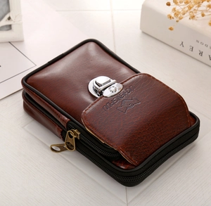 Close-up of brown litchi pattern PU leather waist bag with double zippers and metal lock
