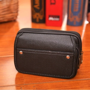 Men Urban Minimalist PU Leather Belt Waist Bag Multi Zipper Phone Pouch With Lychee Pattern For Outdoor Everyday Use