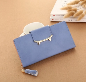 Women Fashion Long PU Leather Wallet Cat Ear Clasp Tassel Zipper Phone Pocket Multi Card Slot Solid Color Handbag Purse