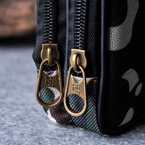 Men's camouflage canvas waist bag featuring double vintage bronze zippers and HS logo
