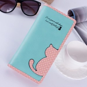 Women's long cat polka dot wallet in mint green and pink leather style with zipper