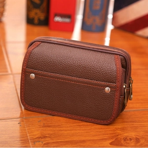 Brown leather belt pouch with dual zippers and orange stitching for men