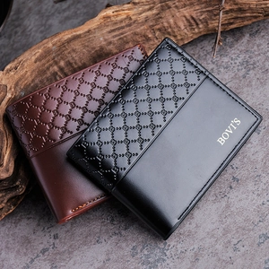 Classic men's short leather wallets with diamond pattern and BOVI'S brand logo