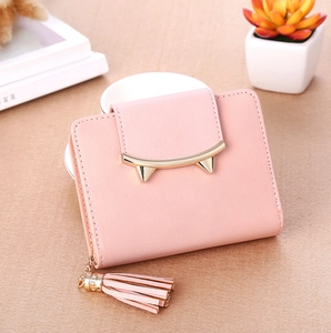 Women's light pink short leather wallet with cute metal cat ears and long tassel zip