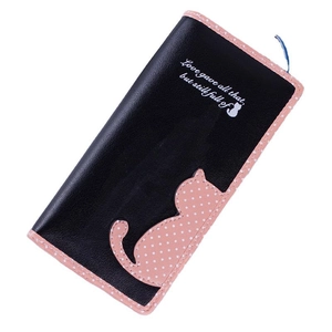 Women's long zipper wallet with cute cat silhouette and love lettering design