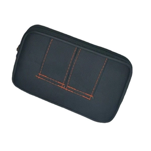 Men's double-strap denim phone waist pouch with durable nylon and orange stitching