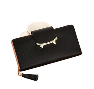 Fashion black long PU leather wallet with golden cat ears clasp and tassel pendant decoration