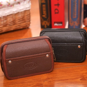 Men's leather waist bag in brown and black with litchi texture and belt loops