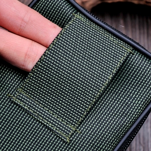 Macro view of Oxford cloth waist pouch showing durable elastic loop and fabric texture