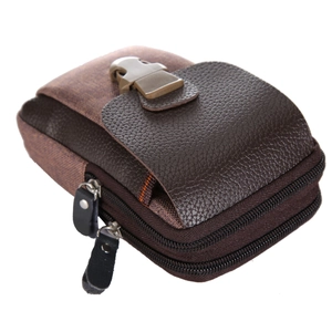 Brown canvas and leather men's 6.5 inch phone waist bag with double zippers