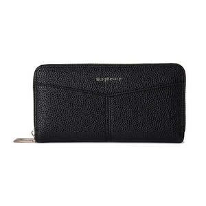 Black long zip wallet for women featuring pebbled texture and gold V-shaped logo