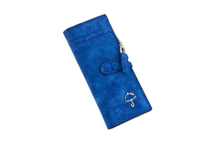 Portefeuille long bleu mat pour femme avec breloque parapluie et élégant gland