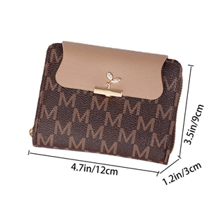 Petit portefeuille femme motif M vintage avec fermoir feuille dorée et cuir marron