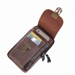 Brown canvas and leather mobile phone waist bag with dual zippers and card slots