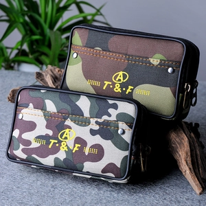 Tactical camouflage canvas waist bag with dual zippers and front pocket for men